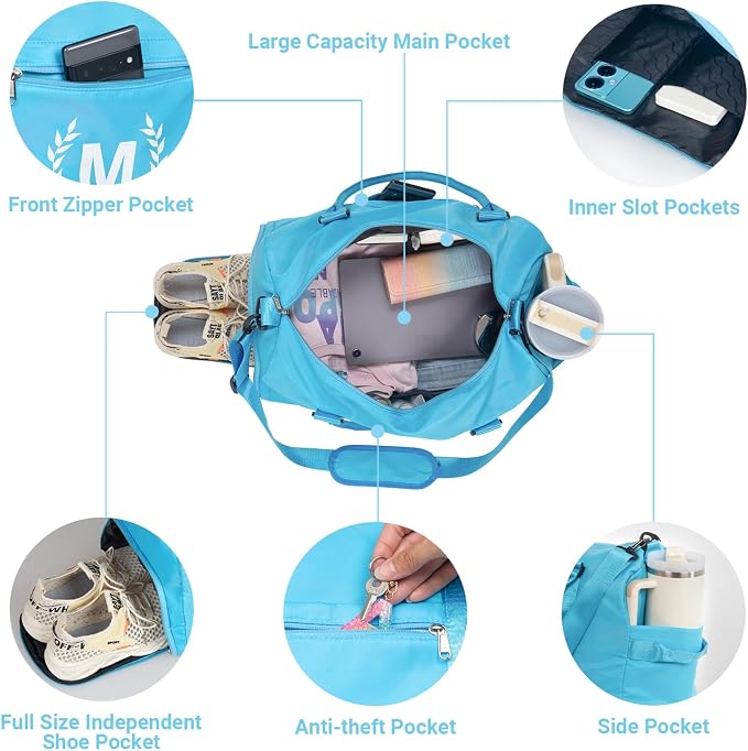 Gym Bag for Women, Personalized Duffle Bag with Shoe Compartment, Sports Bag for Yoga & Dance with Wet Pocket and Mat Strap(AquaBlue,U)