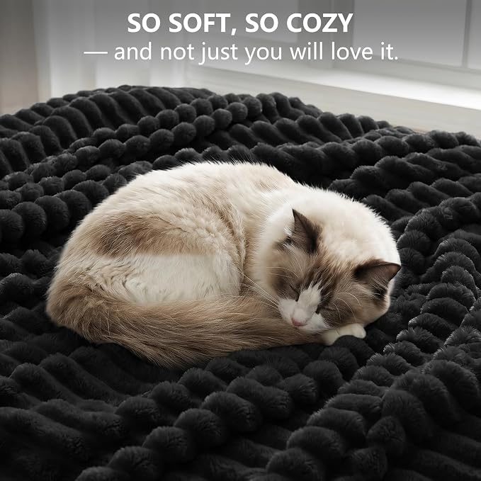 Black Throw Blanket for Couch & Bed, 50 x 60 Inch | 300GSM Ribbed Fleece Blanket, Soft, Cozy & Lightweight, OEKO-TEX Certified, All-Season Use for Travel, Dorm & Home Decor