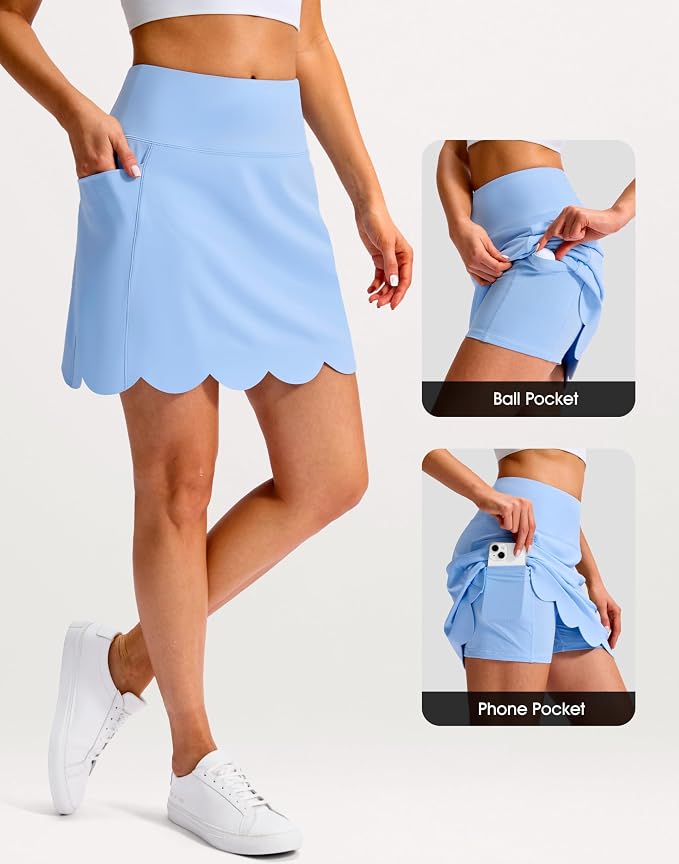 16" Skorts for Women with 4 Pockets High Waisted Scalloped Hem Athletic Tennis Skirt Golf Skort Dressy Casual