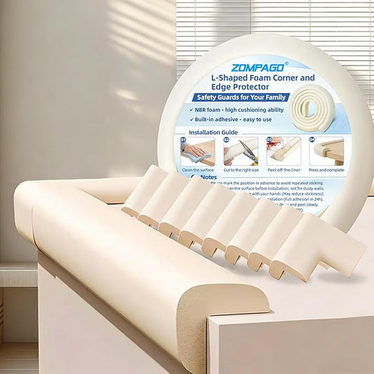ZOMPAGO Baby Edge Protector Roll (6.56FT) & 8 Corner Guards - White Foam Furniture Corner Protectors - Baby Proof Corners and Edges for Table, Wall, Bed Frame - Baby Proofing Safety Bumpers