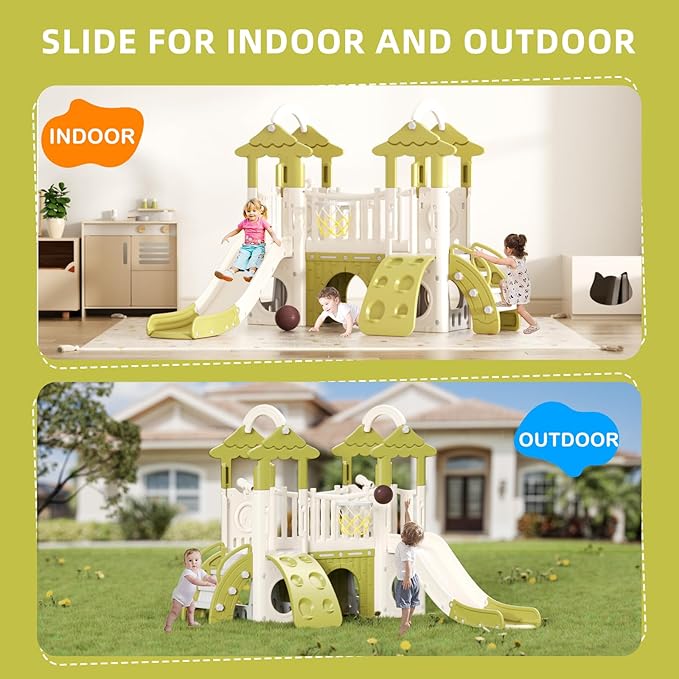 YUFU 9 in 1 Toddler Slide, Kids Slide with Double Climbers, Basketball Hoop, Tunnel and Storage Space, Indoor Outdoor Playset for Toddlers Age 1-3 (Green)