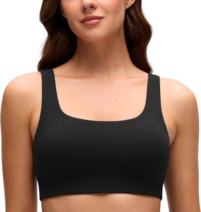CRZ YOGA Butterluxe Scoop Neck Sports Bras for Women - U Back Padded Wide Strap Wireless Yoga Top