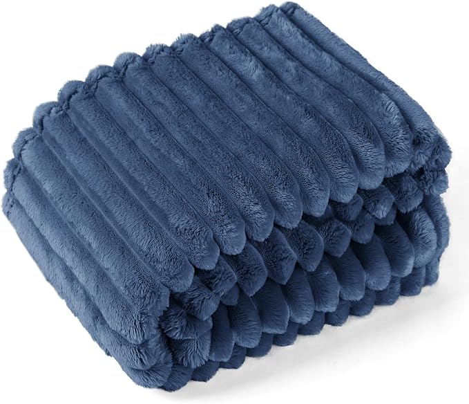 EXQ Home Fleece Throw Blanket for Couch or Bed - 3D Stripe Jacquard Decorative Blankets - Cozy Soft Lightweight Fuzzy Flannel Blanket Suitable for All Seasons(50"×60",Dark Blue)