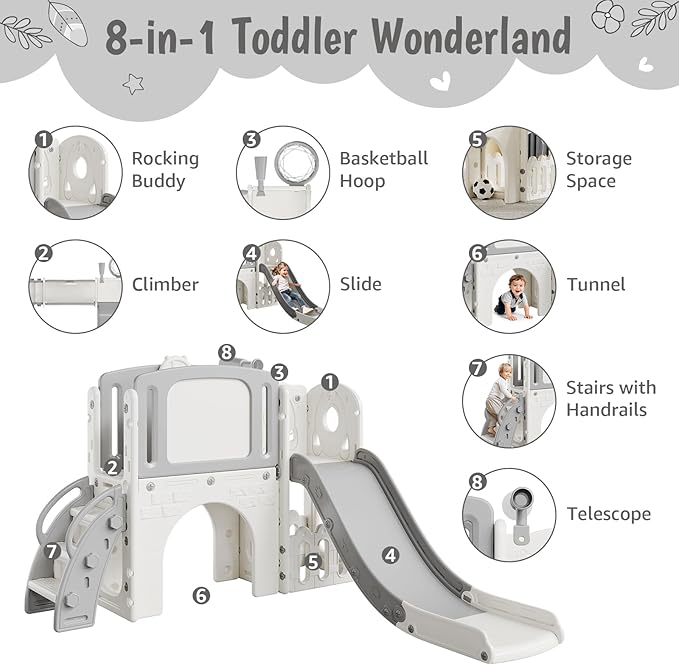 Garvee 8-in-1 Toddler Slide Indoor & Outdoor Playground Playset for Kids-Includes Climber, Basketball Hoop, Telescope, Tunnel, and Storage Space for Backyard & Courtyard Fun