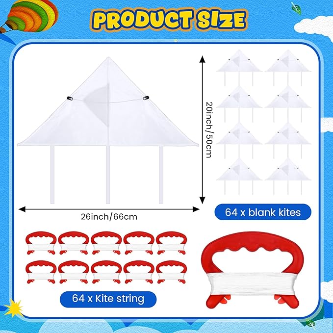 Syhood 64 Pcs DIY Kites for Toddler Kids Making Kit 20 Inch Summer Decorating Coloring Kites with String Making Craft Kits for Outdoor Game and Activities