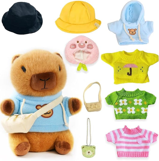 10.2" Brown Capybara Plush Toy with 9 Clothes and Accessories Super Soft Capybara Stuffed Animal for Kids Girls Boys (Yellow Capybara)
