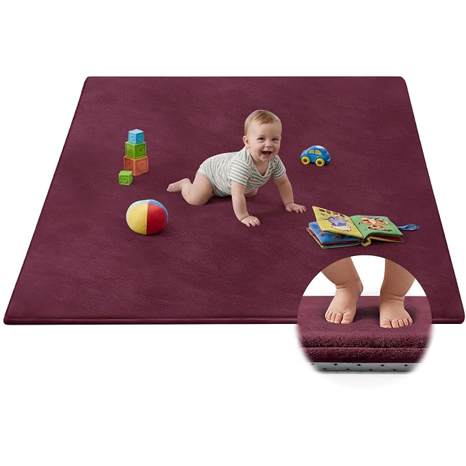 Baby Play Mat for Floor,Ultra Thick Elastic Foam 50"x50" Playmat Tummy Time Muscle Crawling Exercise Activity Cushion Gym Mat Nursery Playroom Area Kids Rug for Babies, Toddlers,Infants,Burgundy