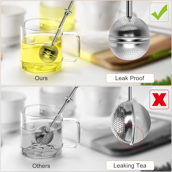 Long Handle Tea Ball, One Handed Pressing Operation, Easy to Use, 2Pcs | Fine Mesh Holes, Plastic Handle with Stainless Steel Ball, No Tea Residue, For Cup and Teapot, Tea Lover Gift
