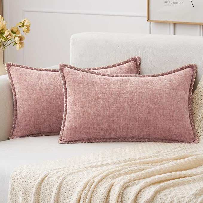MIULEE Decorative Lumbar Throw Pillow Covers 12x20 Inch Blush Pink 2 Pack | Farmhouse Pillow Covers with Stitched Edge, Soft Chenille Cushion Cases, for Couch Sofa Bed Living Room Home Decor