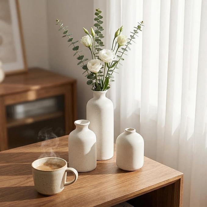 Small Ceramic Vase Set of 3,Modern Boho Farmhouse Flowers Vases | Decorative Vase for Dried Flowers,Pampas Grass,Home Decor,Shelf,Bathroom,Centerpiece for Entryway Table Distressed