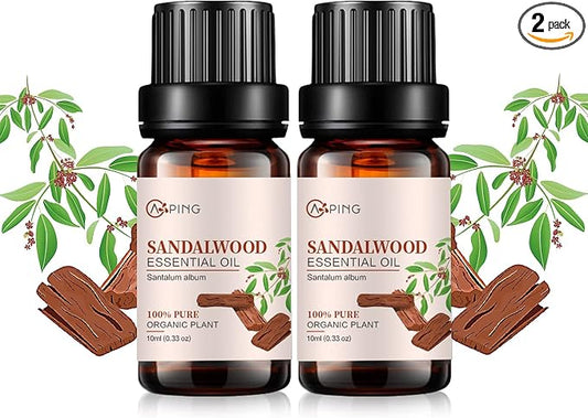 2-Pack Sandalwood Essential Oil - 100% Pure Organic Natural Plant (Santalum Album) Sandalwood Oil for Diffuser, Aroma, Spa, Massage, Yoga, Perfume, 2x10ML