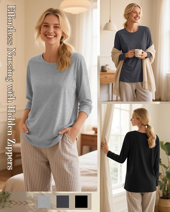 3 Pack Nursing Tops for Breastfeeding Maternity Shirts Zipper Long Sleeve Round Neck Knit Casual Nursing Clothes