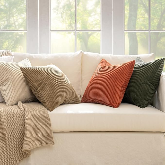 MIULEE Fall Corduroy Decorative Throw Pillow Covers Rust-Olive Green 18x18 | Set of 4, Vintage Fall Decor, Rustic Brown Green Collection, Boho Farmhouse Cushion Covers for Couch Bed Sofa Living Room