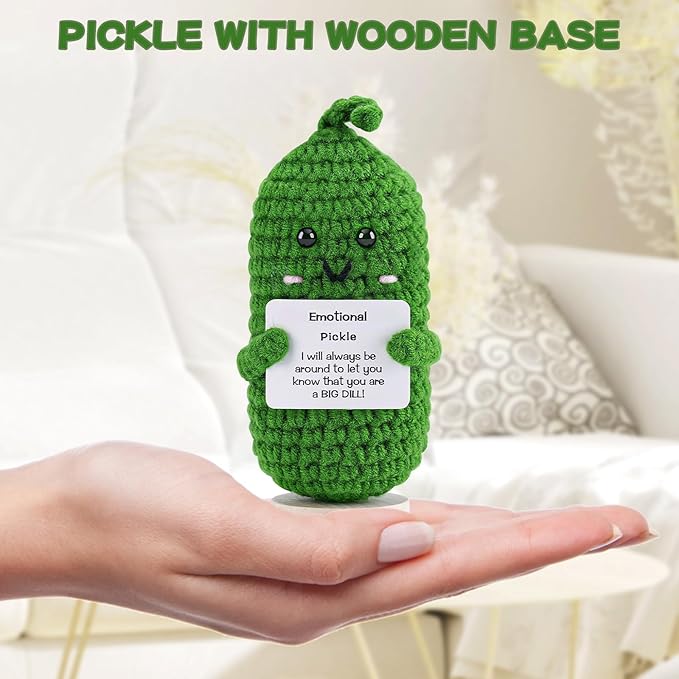 Hoedia Crochet Pickle Dolls Friend Birthday Valentines Gifts for Her Women Wife Girlfriend Sister from Husband Men, Cute Funny Gifts for Coworkers Student Teacher Roommates (Pickle with Base)
