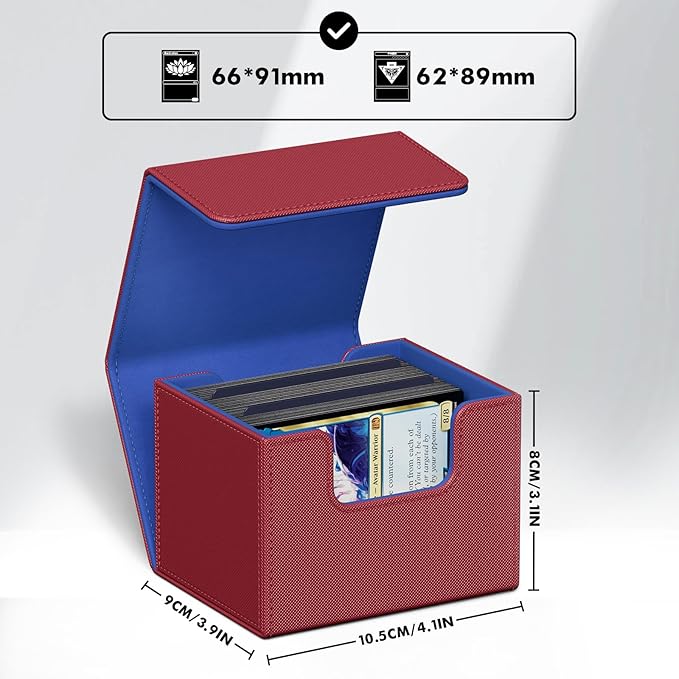 ZLCA Card Deck Box for Trading Cards, MTG Commander Deck Box Holds 120+ Single Sleeved Cards, Leather Magnetic Card Storage Box Fits for TCG CCG Magic Cards (Red&Blue)