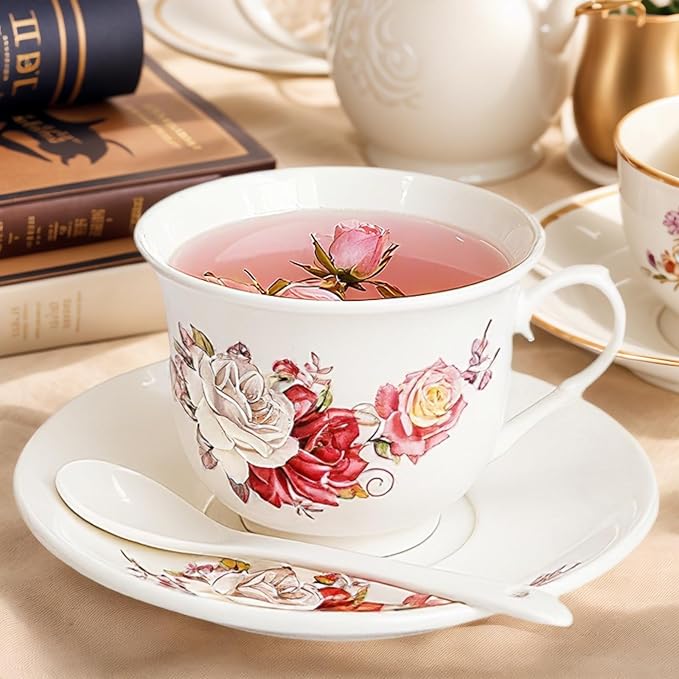 WRINGKIT Tea Cups and Saucers Set of 6, 6 Oz Porcelain Floral Tea Cups with Spoon, Bone China Coffee Cup Saucer Gift Set for Cappuccino, Espresso, Latte, Cafe Mocha, Microwave Safe