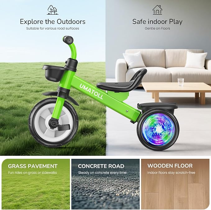 Umatoll Tricycle for Toddlers 2-5 Year Old, Ajustable Toddler Bike Outdoor Toys, Birthday Gift for Boy Girl Age 2-4, Trike with Light up Wheels (Green)