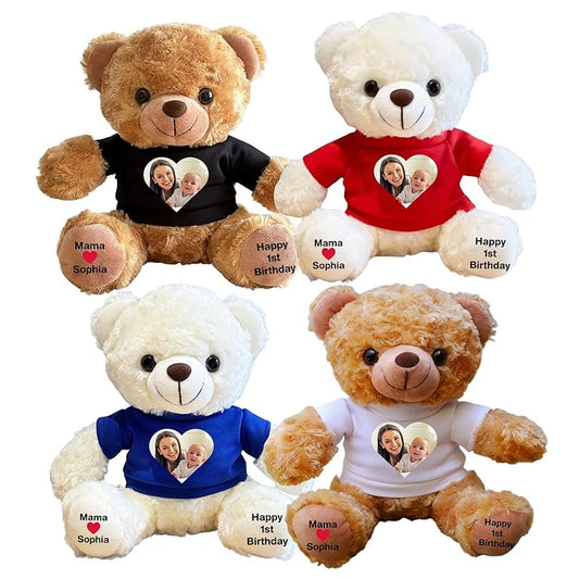 Custom Bear Plush with Picture Text Logo, 11 Inch Personalized Teddy Bear Stuffed Animal, Christmas Birthday Gift for Girls Boys Kids Adults Valentines Graduation Keepsake (T-shirt