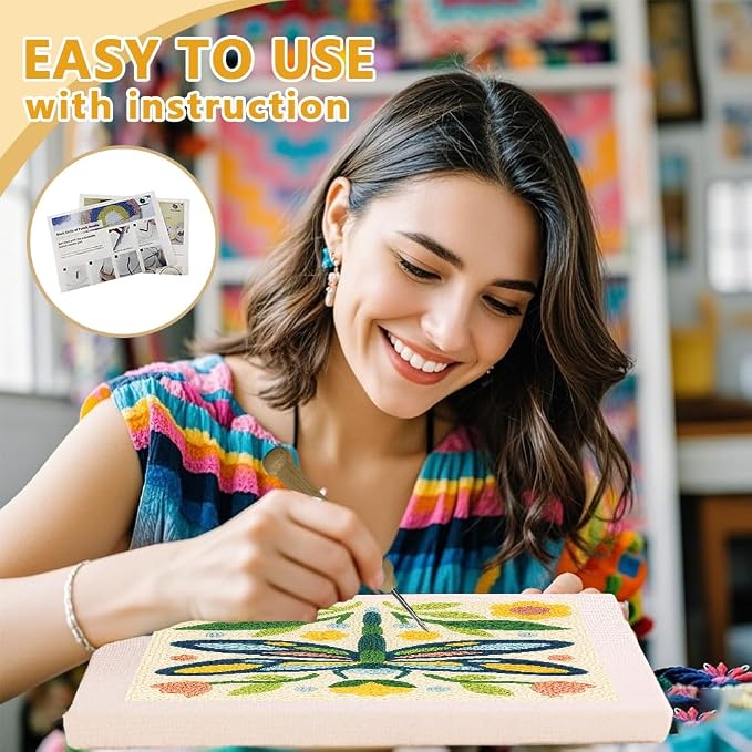 DOODLREAM Floral Dragonfly DIY Punch Needle Embroidery Kit for Adult Beginner, 9.4" Folk Art Flower Insect Punch Stitching Craft Set for Starter with Frame,Fabric Pattern,Threader, Yarn, Pinch Needle