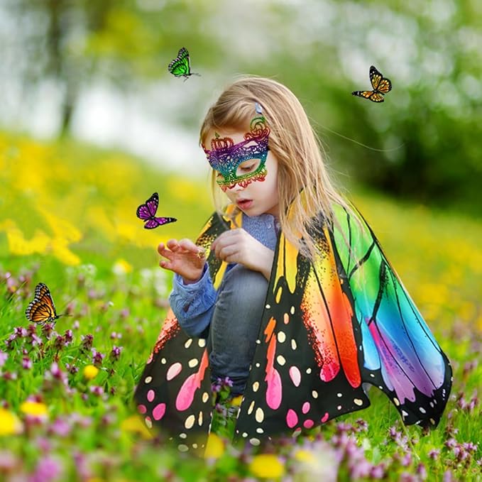 Kids Butterfly Wings Costume for Girls Fairy-Wings Mask Party Favors Gifts (Rainbow+Skirt Sets)