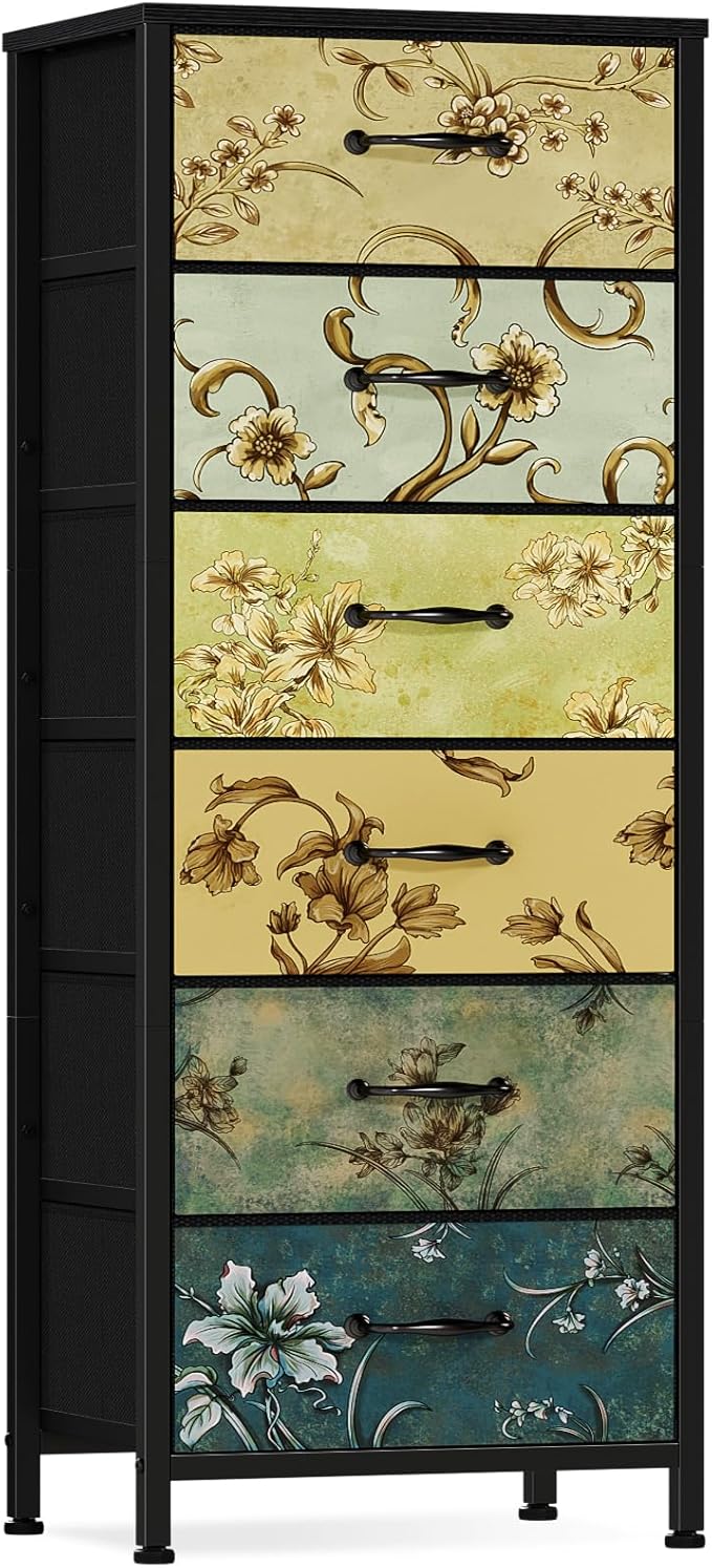 Tall 6 Drawers Dresser for Bedroom, Vintage Storage Organizer Unit | Tall Nightstand with Fabric Drawers, Retro Floral Pattern, Skinny Dresser for Closet, Dorm, Entryway, Metal Frame, Wood Top