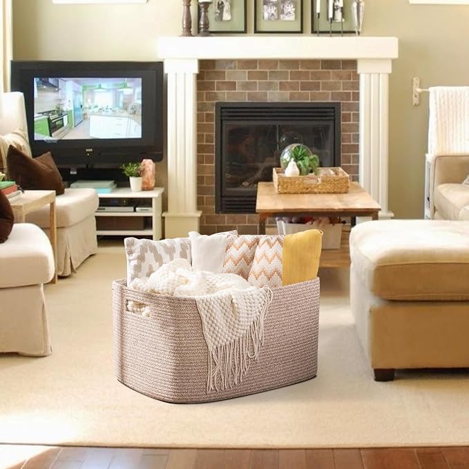 OIAHOMY XXLarge Rectangle Blanket Basket-96L, Cotton Woven Basket for Storage, Dirty Clothes Basket for Living Room, Nursery, Bedroom, Toy Organizing with Handle, 24" x 16" x 15",Brown variegated