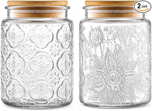 2 Pack Vintage Glass Jars with Lids, Airtight Coffee Storage Jars | Glass Food Storage Containers, Kitchen Canister Set for Coffee Tea Sugar Candy Cookie, Decorative Mason Jars, Cute Jars