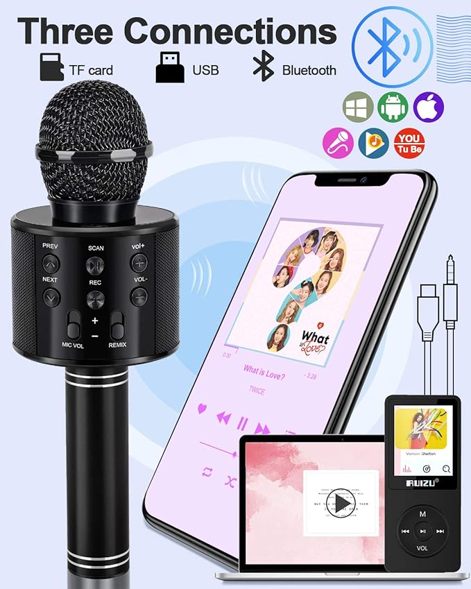 Kids Toys Age 3-12, Karaoke Microphone for Kids Birthday Presents Gifts for 5 6 7 8 9 10 11 12 Year Old Girls Boys Toys for 4-11 Year Old Girl Boy Teen - Black