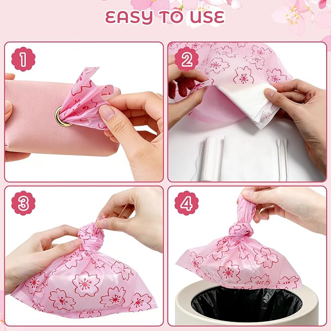 Portable Sanitary Napkin Disposal Bags Cherry Blossom Scented, with Dispenser, 120 pcs Pink Period Disposal Bags discreet period bags Disposable Mini Bags for Women Privacy Handling Bag Diaper Sack
