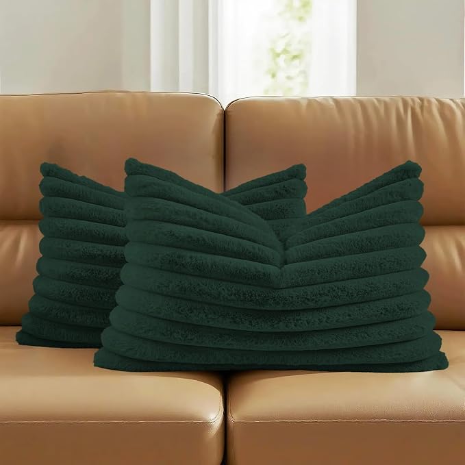 FUTEI Pack of 2 Faux Fur Throw Pillow Covers 12x20 Inch, Dark Green | Fluffy Faux Rabbit Fur Front/Premium Velvet Back,Hidden Zipper,Machine Washable,Non-Shedding,Colorfast,Insert Not Included.