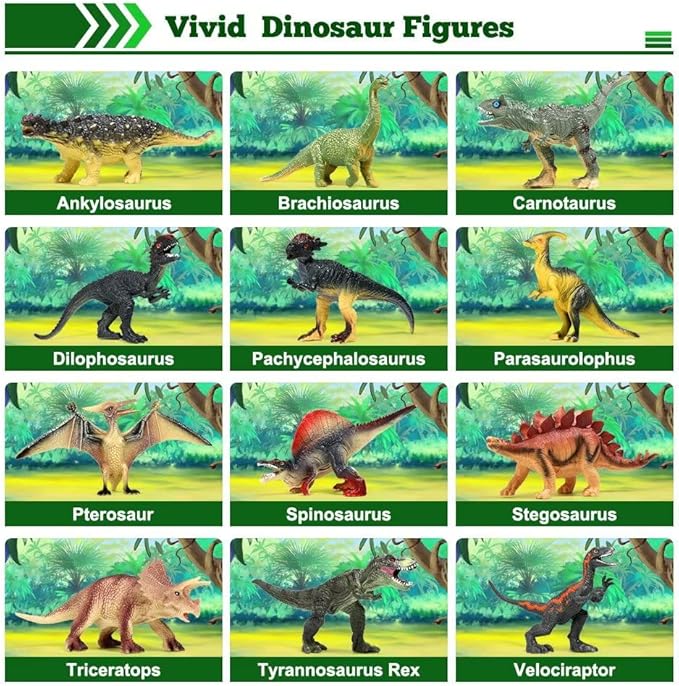 FRUSE Jurassic Dinosaur Toys,12 PCS Realistic Dino Figurines,Educational Dino Figure Playset with Information Dino Book,Dinosaur Toys for Kids 3-5