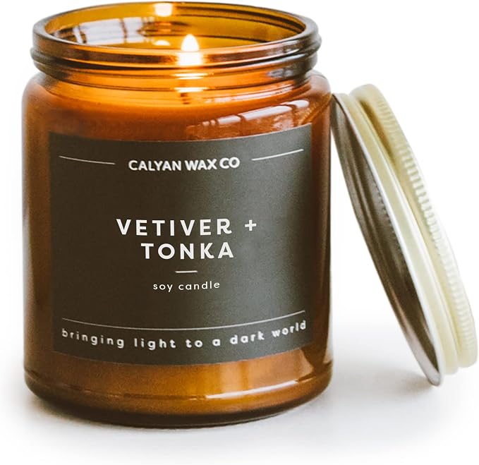 Calyan Wax Co. Vetiver & Tonka Scented Candle - 57 Hour Burn - Luxury Clean Soy Wax Candles - Long Lasting Amber Glass Jar Candle for Home - 7.2oz