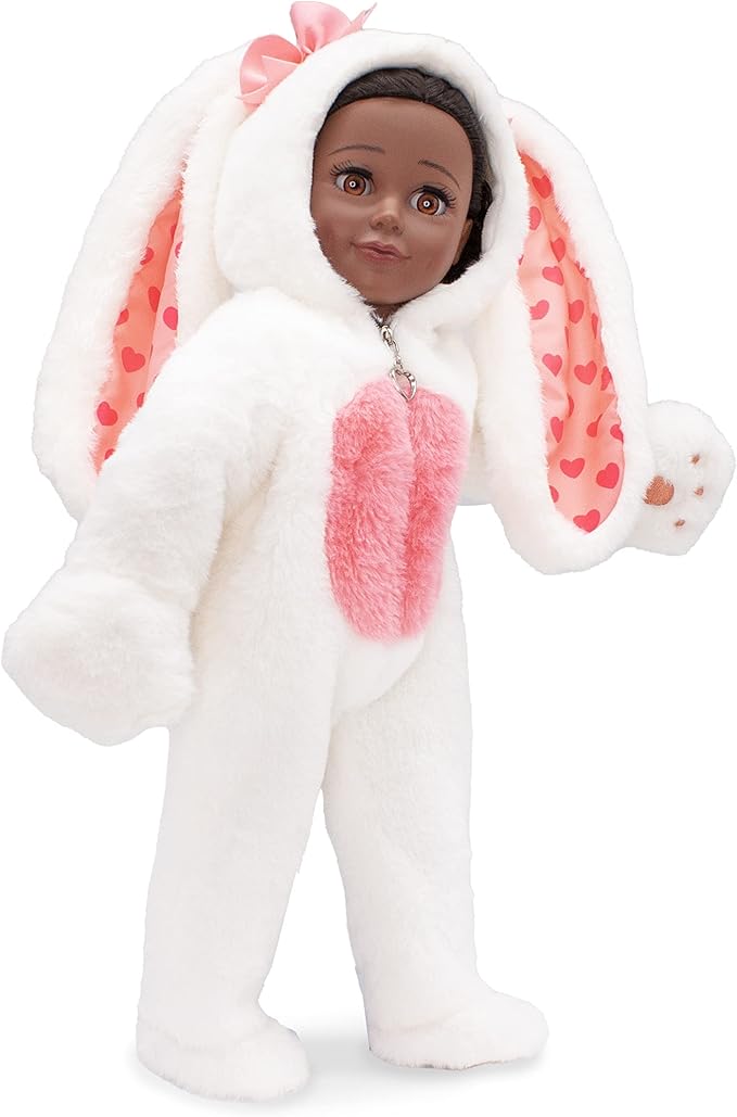 Playtime by Eimmie 18 Inch Doll Clothes and Accessories - Easter Bunny Onesie with Heart Zipper, Pink Paws & Matching Bunny Ear Hat - Fits American, Generation & Other 18" Dolls for Girls