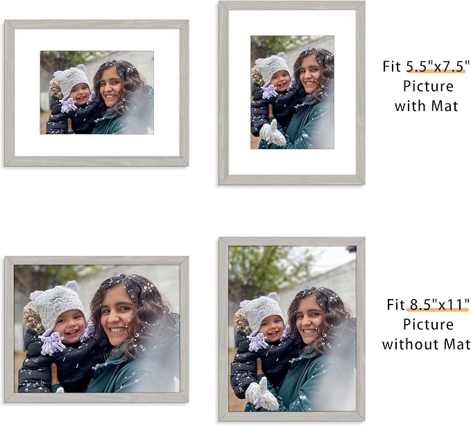 Picrit 8.5x11 Picture Frame Set of 12, Display 6x8 with Mat or 8.5 x 11 without Mat, Photo Frames for Wall Mounting or Table Top Display, Gray