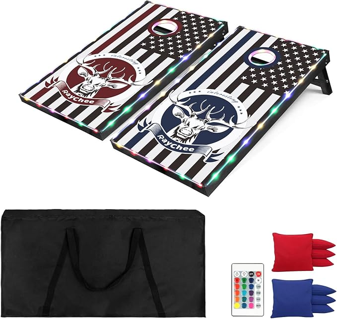 LED Cornhole Set, 3 x 2ft / 4 x2 ft Cornhole Board Game Set, Corn Hole Outdoor Game, Multi-Design with Light-Up Border, 8 Bean Bags, Carrying Case for Backyard, Beach, Lawn