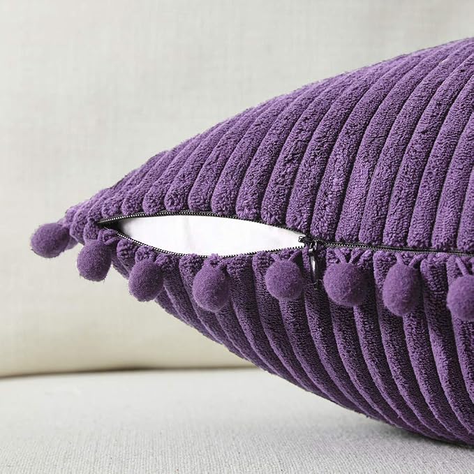 Fancy Homi Pack of 2 Boho Lumbar Decorative Throw Pillow Covers with Pom-poms, Soft Corduroy Solid Rectangle Cushion Cases Set for Living Room Couch Sofa Bedroom Car (12x24 Inch/30x60 cm, Purple)