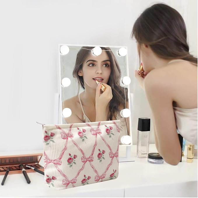 Cosmetic Bags for Women - Corduroy Cosmetic Bag Aesthetic Women Handbags Purses Smile Dots Makeup Organizer Storage Makeup Bag Girls Case Bags (Flowers-Apis)