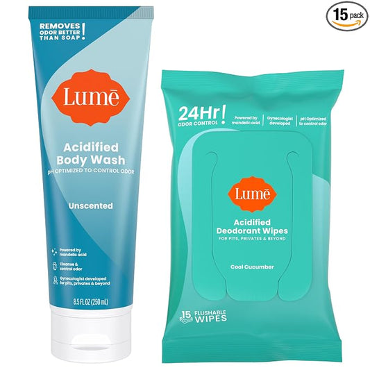 Lume Acidified Body Wash & Flushable Deodorant Wipes - 24 Hour Odor Control - Hydrating Wash - Without SLS or Parabens - OB/GYN Developed - 8.5 Ounce (Unscented) 15 Count Wipes (Cool Cucumber)