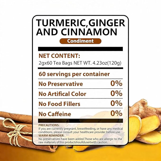 60 Premium Turmeric Ginger Cinnamon Tea, Natural Turmeric Ginger Herbal Tea, Digestive Support, Vegan, Sugar Free, Caffeine Free