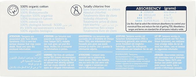 Natracare Non-Applicator 100% Organic Cotton Tampons, Super, Totally Chlorine Free, Biodegradable and Compostable (12 Pack, 240 Tampons Total)