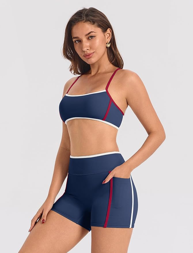 ABOCIW Workout Sets for Women 2 Piece Color Block Strappy Sports Bra High Waist Shorts Gym Yoga Pilates Outfits
