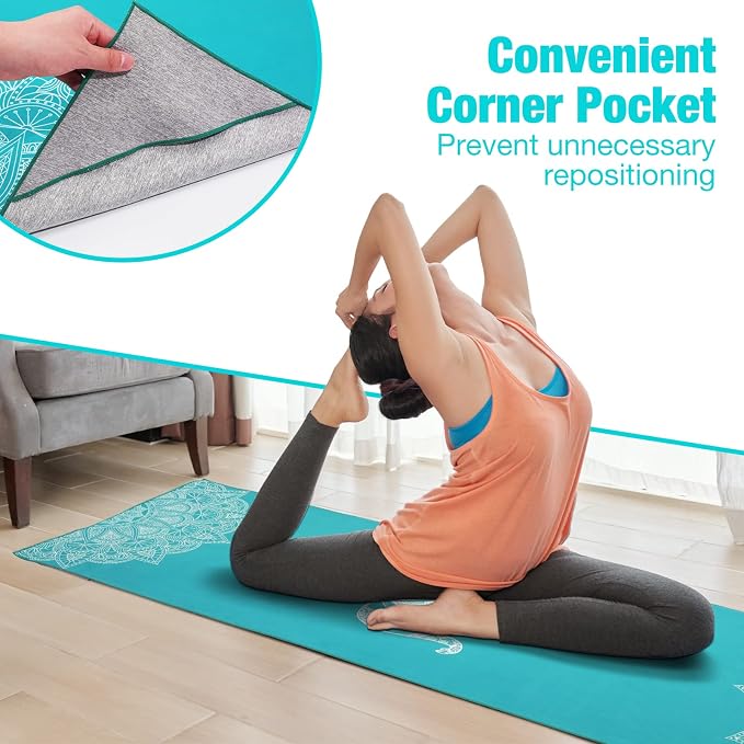 MoKo Yoga Towel, Non Slip Hot Yoga Mat Yoga Blanket Printing Pattern Quick Dry with Corner Pocket for Bikram, Pilates, Gym Workout, Outdoor Picnic, Lake Blue & Elephant