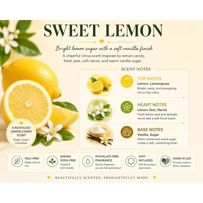 Body Powder for Women & Men Scented Sweet Lemon, Perfume Dusting Powder, Bath Powder with Fragrance & Essential Oils, Talc-Free 8oz Container with Lid and Puff, Made in USA