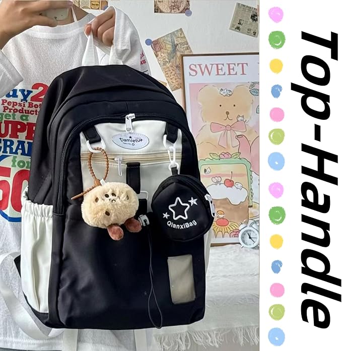 Kawaii Backpack Double Shoulder Bag with Cute Star Removable Pouch Small Clear Front Pocket Large Capacity Fits 16" Laptop Dopamine Colors Daypack (Black)