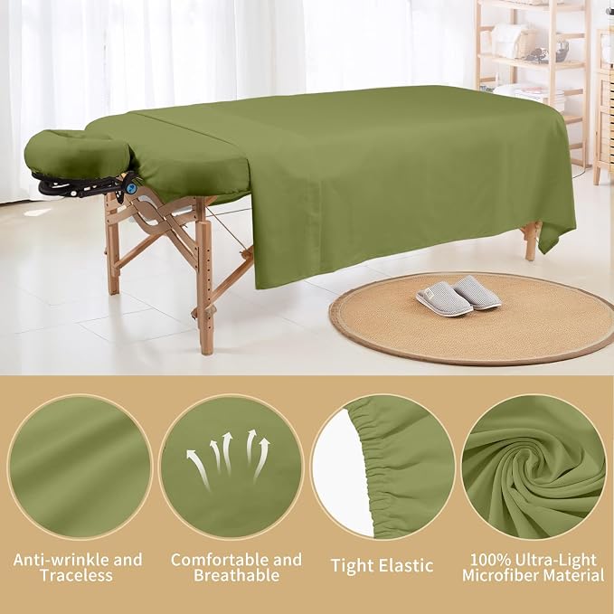4 Sets Premium Microfiber Massage Table Sheets Set 3 Piece Set Includes Massage Table Cover Fitted Sheet and Fitted Face Rest Cover, Green
