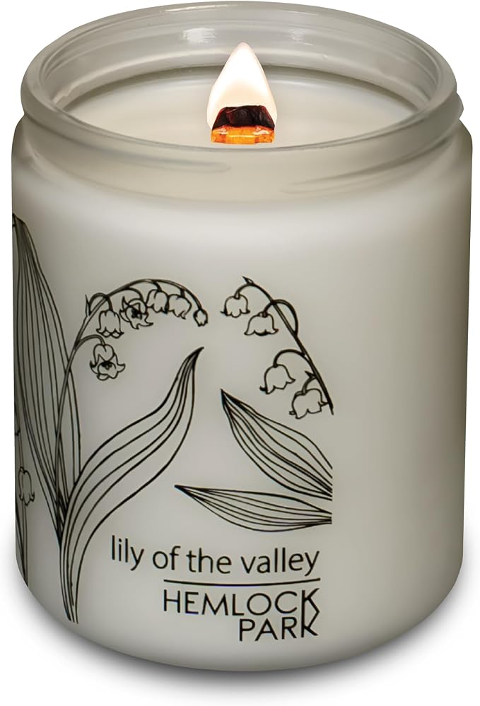 Hemlock Park Lily of the Valley Frosted Scented Candle | Crackling Wood Wick, Botanical Fragrance & Coconut Apricot Wax | Up to 60 Hour Burn Time | 8 oz | Made in USA