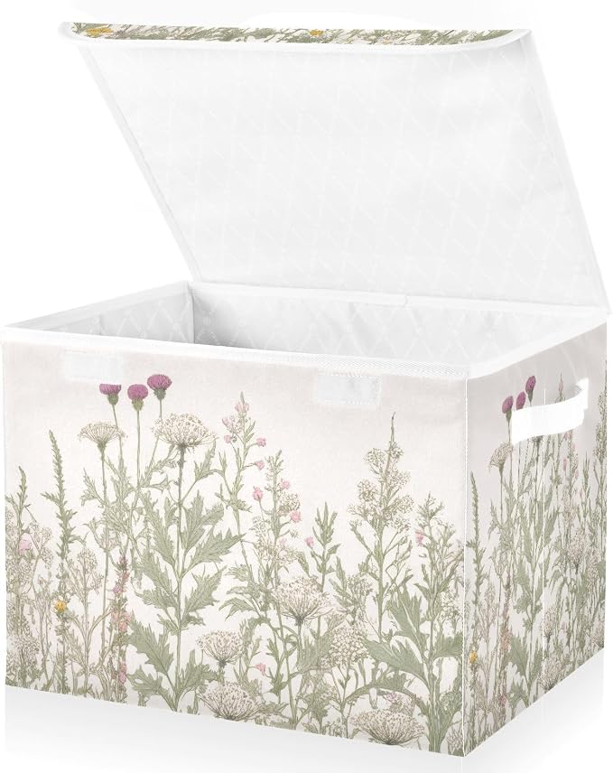 Kigai Collapsible Herbal Wildflowers Storage Basket with Lids and Handles,Storage Bins for Shelves Closet Bedroom,Office Storage