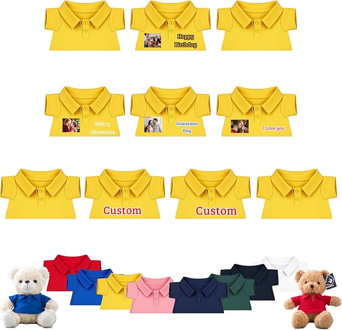 10 Pcs Personalized Teddy Bear Clothes with Text Photo, Custom Stuffed Animal Clothing Fit 8-16 inch Stuffed Bear Clothes for Teddy Bears, Doll Clothing Make Your Own Plush Doll Shirt