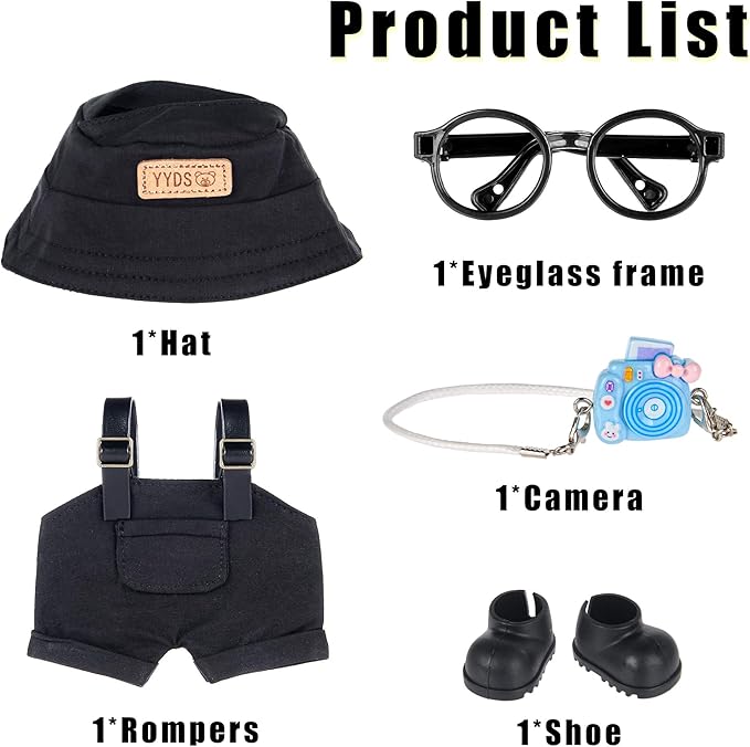 iBayda 17cm Fashion Doll Clothes & Accessories Set Include: Hat, Overall, Shoes, Glasses and Bag- Cute Clothes for Dress up Unique Style (Doll Not Included), Black