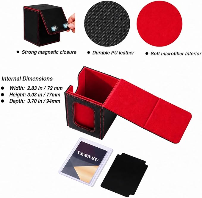 Venssu MTG Deck Box for Commander Display,Card Deck Box Fits 100 Double Sleeved Cards, TCG Card Storage with 2 Dividers and 1 Toploader (Black＆Red)